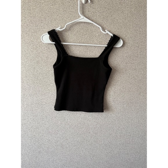 Vibe Sportswear Black Ribbed Corset Style Tank Top Lace Trim Square Neck XS - Picture 5 of 5